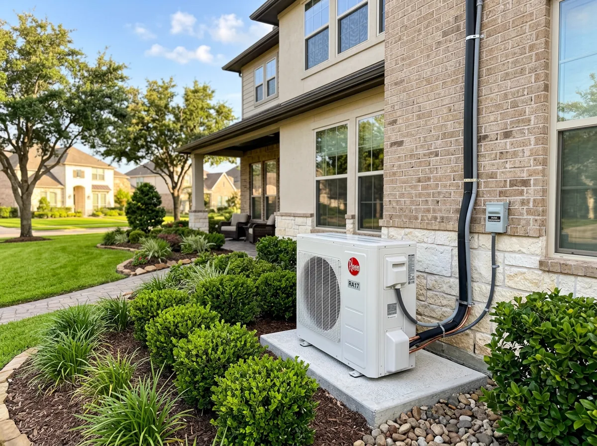 Professional HVAC installation outside a beautiful Houston home